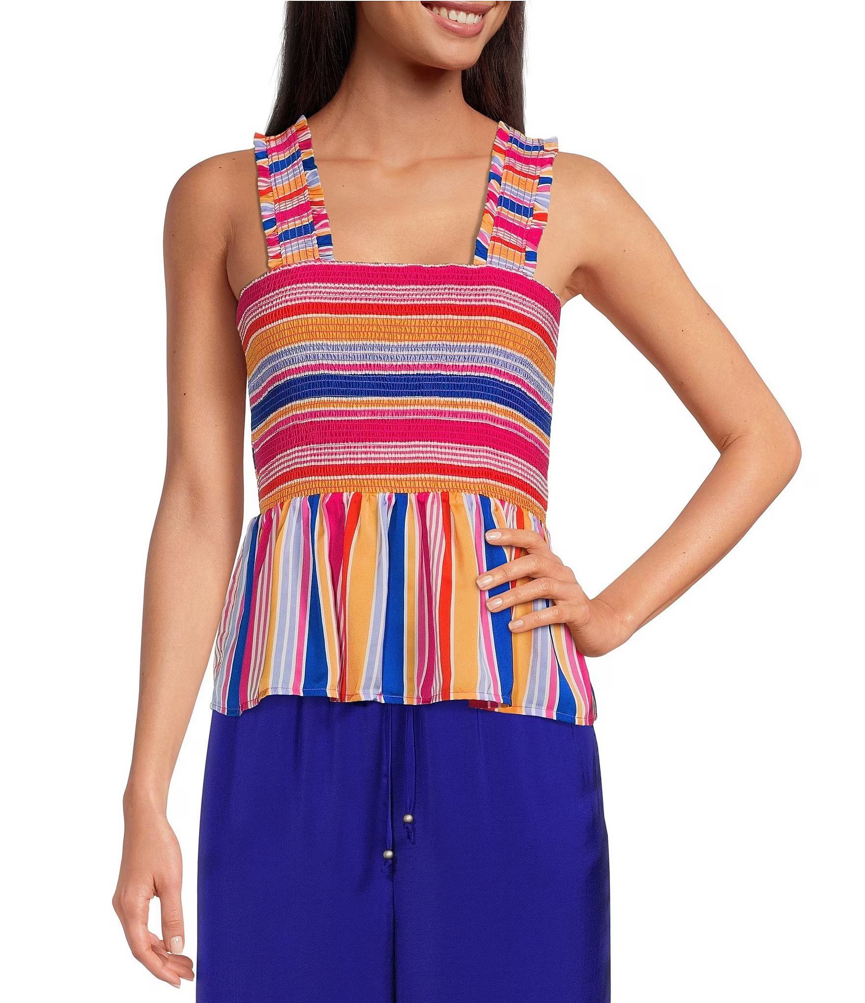 Colorful Stripe Print Smocked Square Neck Sleeveless Peplum Top | Dillard's