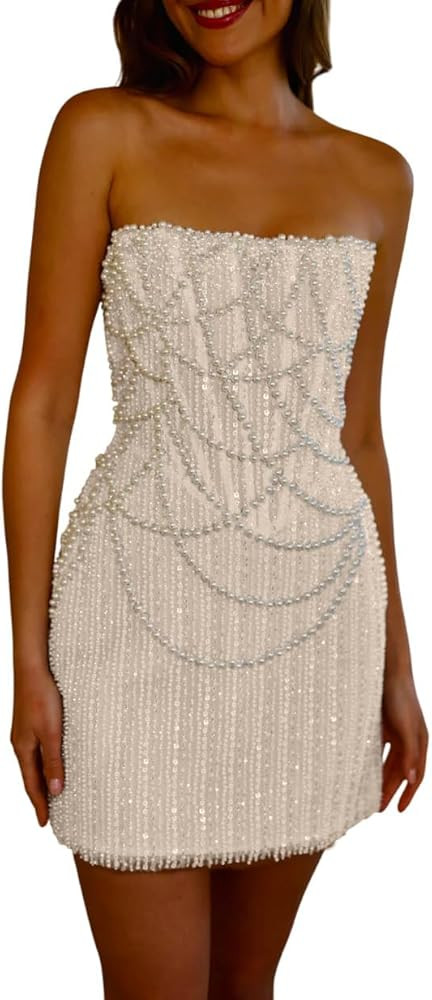 Short Pearls Beaded Sequins Prom Dresses for Women 2026 Strapless A Line Sparkly Mini Formal Even... | Amazon (US)