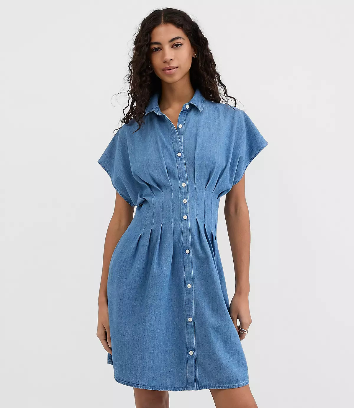 Chambray Pleated Mini Pocket Shirtdress | LOFT