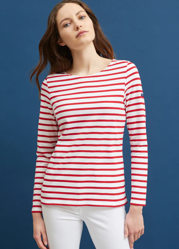 MINQUIDAME - Breton Striped Shirt with Long Sleeve | Soft Cotton | Women Fit (WHITE / RED) | Saint James