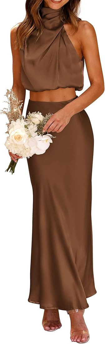 PRETTYGARDEN Women's 2 Piece Satin Outfits Summer Sleeveless Mock Neck Crop Tops and Long Skirt D... | Amazon (US)