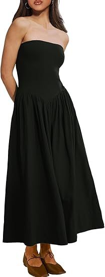 SENSERISE Womens Summer Midi Dresses Strapless Sleeveless Drop Waist A Line Tube Top Dress with P... | Amazon (US)
