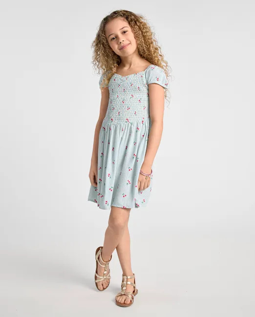 Girls Striped Cherry Smocked V-Waist Dress - blue | The Children's Place