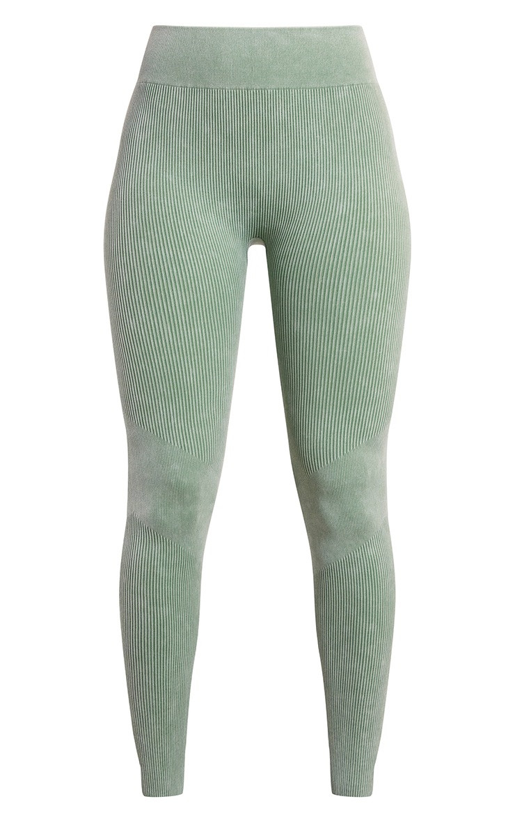 Acid Wash Khaki Seamless Soft Rib High Waist Gym Leggings | PrettyLittleThing UK