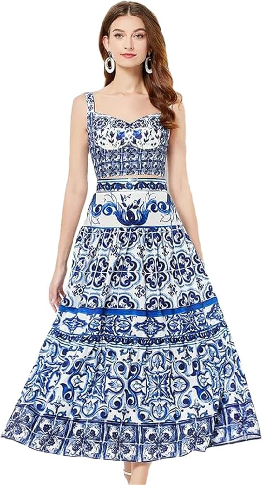Blue Porcelain Print Set Women's Short Spaghetti Strap Crop Top Maxi Skirt Vacation | Amazon (US)