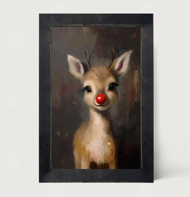Rudolph framed Print Cute Reindeer Decor Whimsical Christmas Playful Art Reindeer Painting - Etsy | Etsy (US)