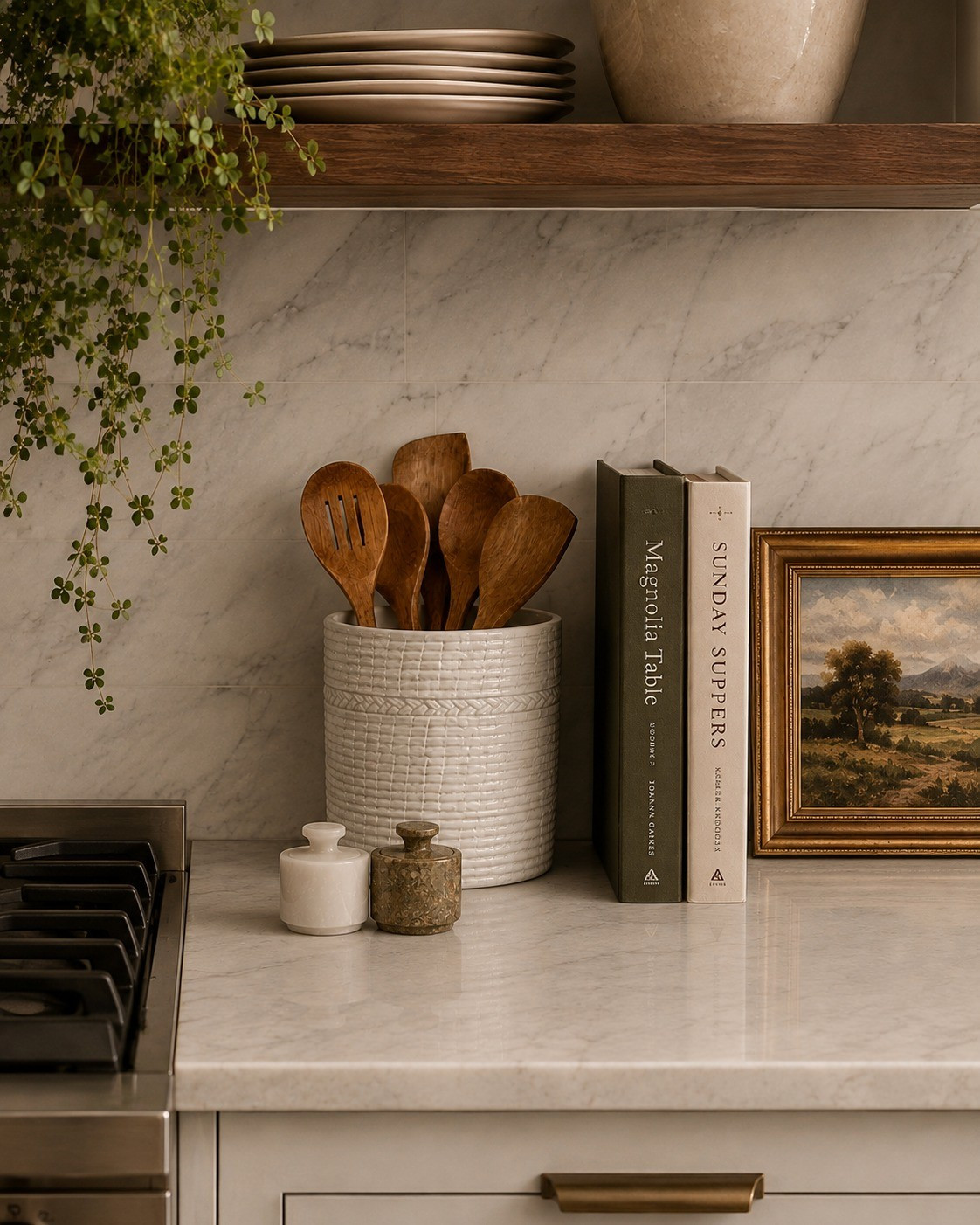 Kitchen counter decor. Amazon kitchen decor. Marble salt cellar set. Cookbooks. Fluted ceramic utensil crock. Wooden kitchen spoons. Kitchen utensils. Landscape painting. Traditional kitchen. Elevated kitchen 

#LTKSeasonal #LTKHome #LTKSaleAlert