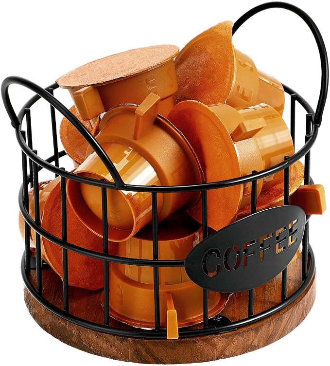 Kichvoe Coffee Pod Holder - Black Wire Coffee Capsule Basket with Wooden Base and Handles - Compa... | Amazon (US)