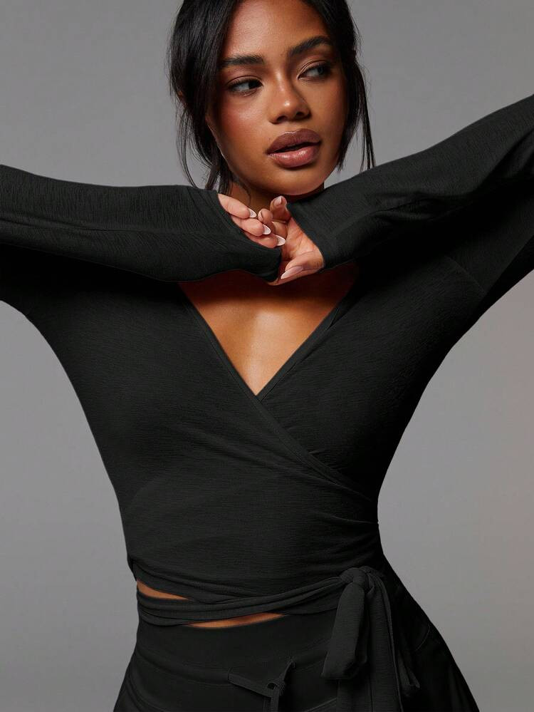 Athîral Women's Solid Color Criss-Cross Wrap Around Dropped Shoulder Long Sleeve Fitted Fashiona... | SHEIN