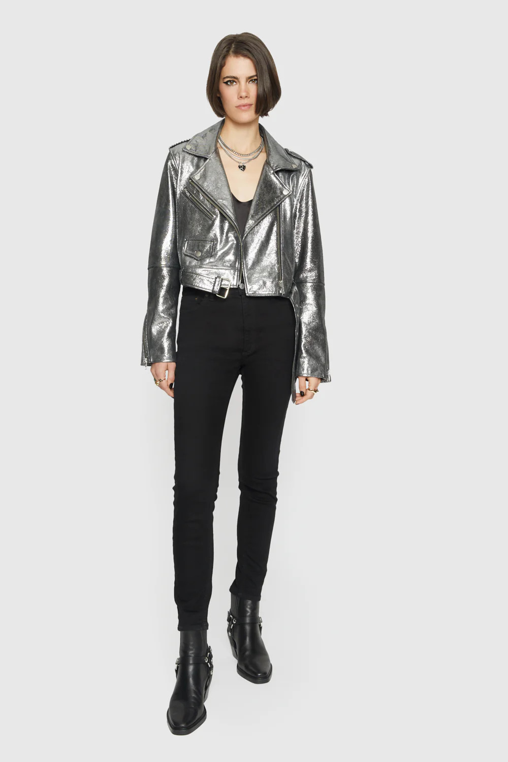 Rebecca Minkoff Cropped Jett Moto Jacket In Silver - Size XS | Rebecca Minkoff