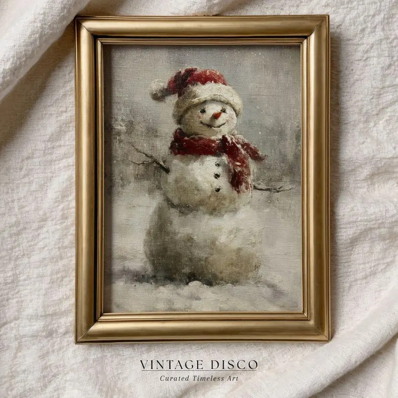 Rustic Snow Man Santa Hat Painting - Vintage Neutral Winter Holiday Printable, Classic Christmas ... | Etsy (US)