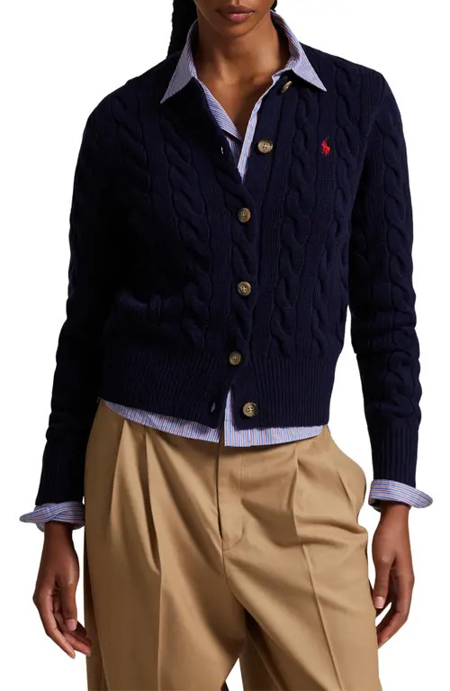 Polo Ralph Lauren Cable Knit Wool & Cashmere Cardigan in Hunter Navy at Nordstrom, Size Medium | Nordstrom