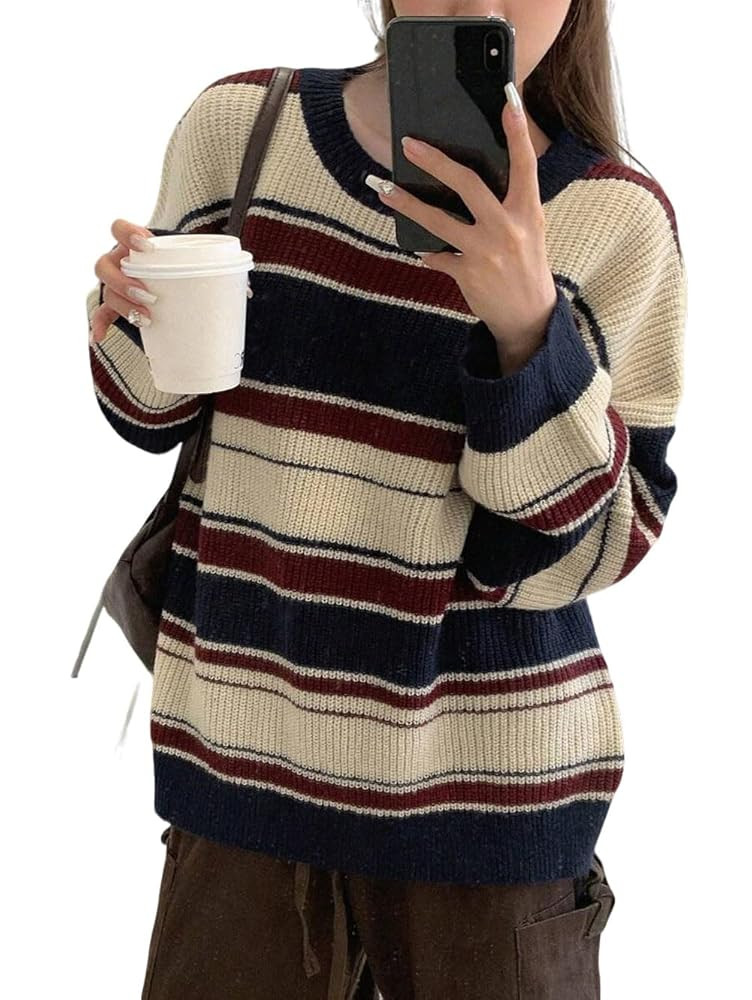 CHARTOU Women Color Block Sweater Preppy Style Chunky Knit Striped Pullover Sweater | Amazon (US)