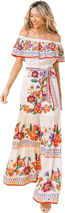 Flying Tomato Off Shoulder Bohemian Maxi Dress - Off Shoulder Ethnic Floral Print Sundress with W... | Amazon (US)