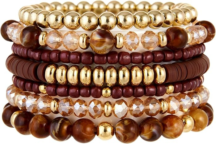 LOTSOF Boho Multilayer Beaded Bracelets Set for Women - Vintage Gold & Brown Stackable Stretch Br... | Amazon (US)