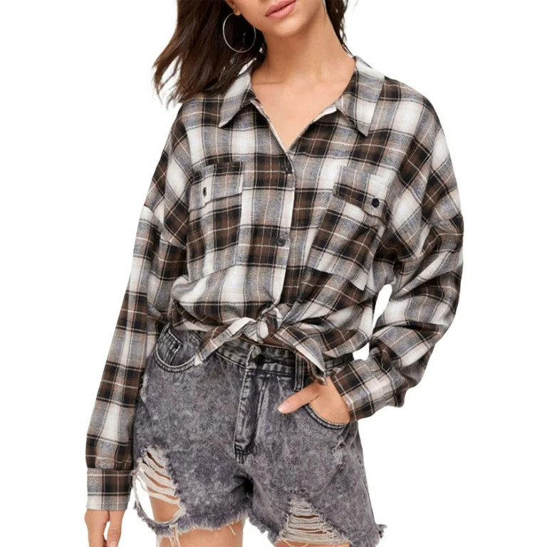 Womens Flannel Plaid Shirts New Long Sleeve Button Down Long Casual Shirt Jacket | Walmart (US)