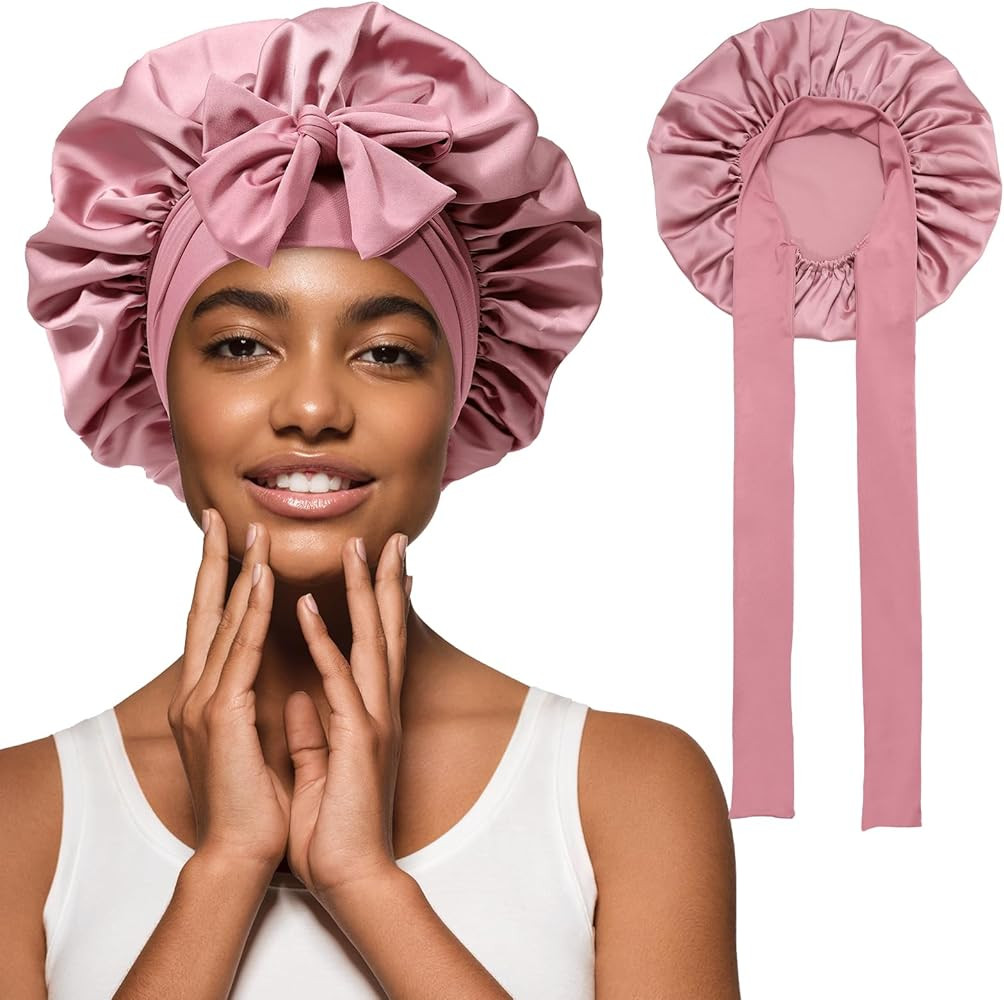 Satin Hair Bonnet with Wide Band Silk Sleeping Bonnets Hair Wrap for Women Girls Night Cap with T... | Amazon (US)