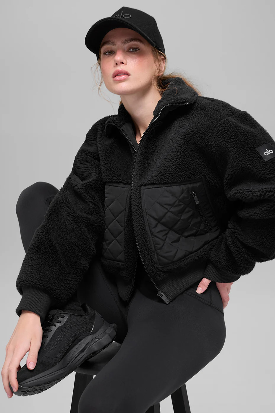 Alo YogaÂ® | Sherpa Edge Bomber Jacket in Black, Size: Large | Alo Yoga