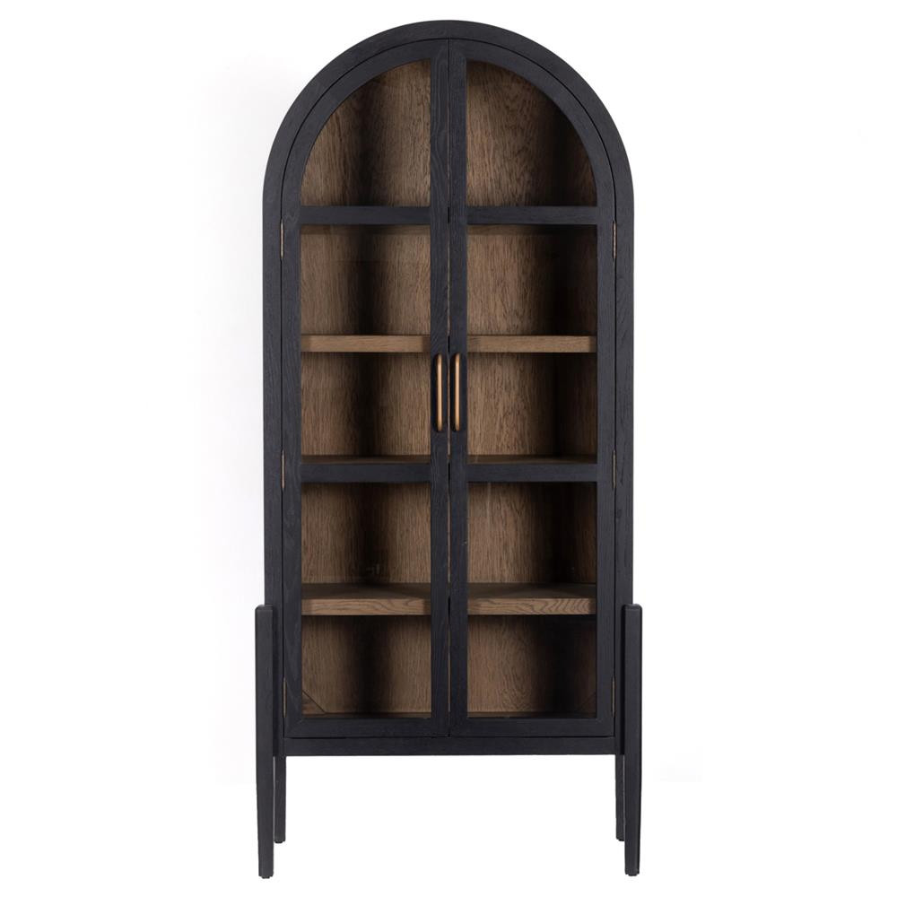 Ivan Mid Century Clear Glass Black Solid Oak Wood 2 Door Arched Display Case | Kathy Kuo Home