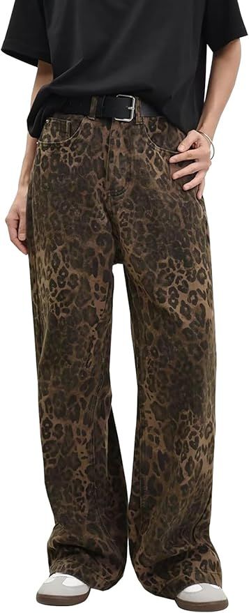 LONGBIDA Leopard Print Y2K Pants Baggy Jeans with Pockets High Elastic Waisted High Elastic Waist... | Amazon (US)