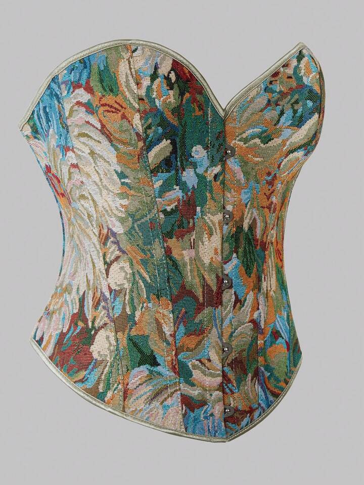 Women's Plus Size Vintage Court Floral Pattern Corset Top With Laces & Plastic Bones, Oil Paintin... | SHEIN