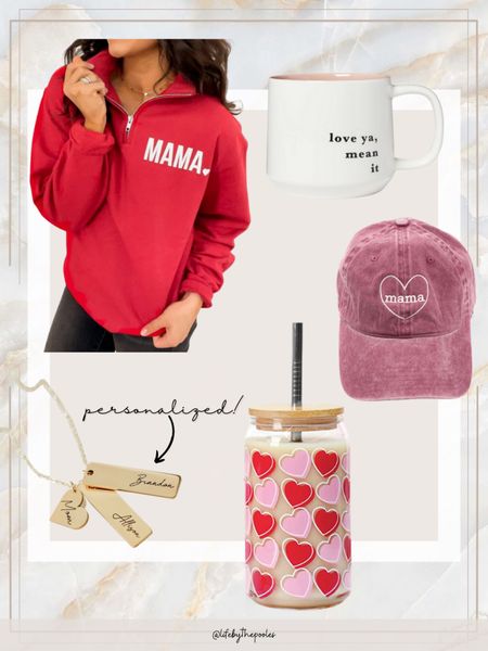 Valentine’s Day gifts for her, gifts for mom, Valentine’s Day outfit, personalized gifts, Etsy gifts for her, amazon finds, amazon Valentine’s Day, quarter zip pull over sweater, mama baseball hat, glass iced coffee cup, target coffee mug, 