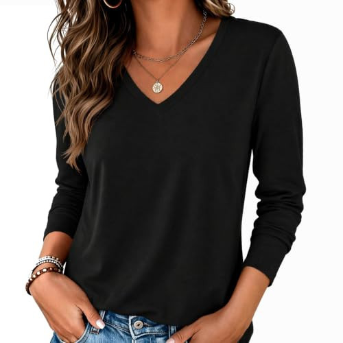 Zeagoo Womens T Shirts Long Sleeve V Neck Black Casual Layering Basic Shirt | Amazon (US)