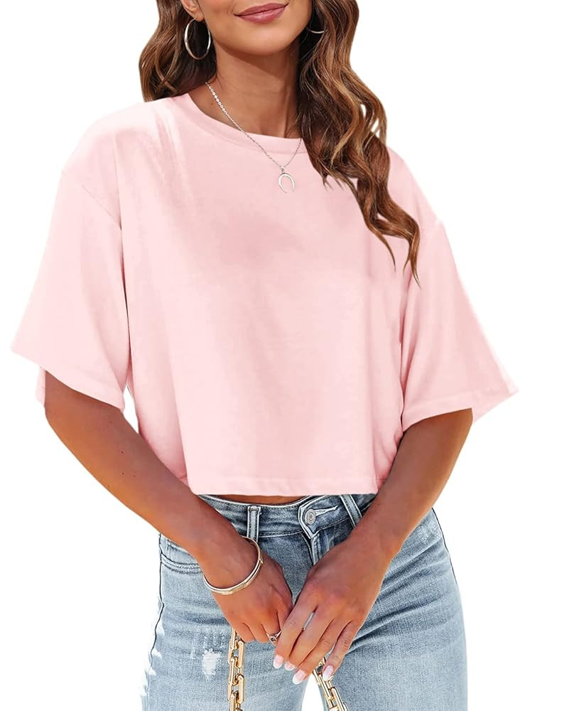 Tankaneo Women Half Sleeve Cropped T-Shirts Drop Shoulder Round Neck Crop Tops Casual Summer Soli... | Amazon (US)