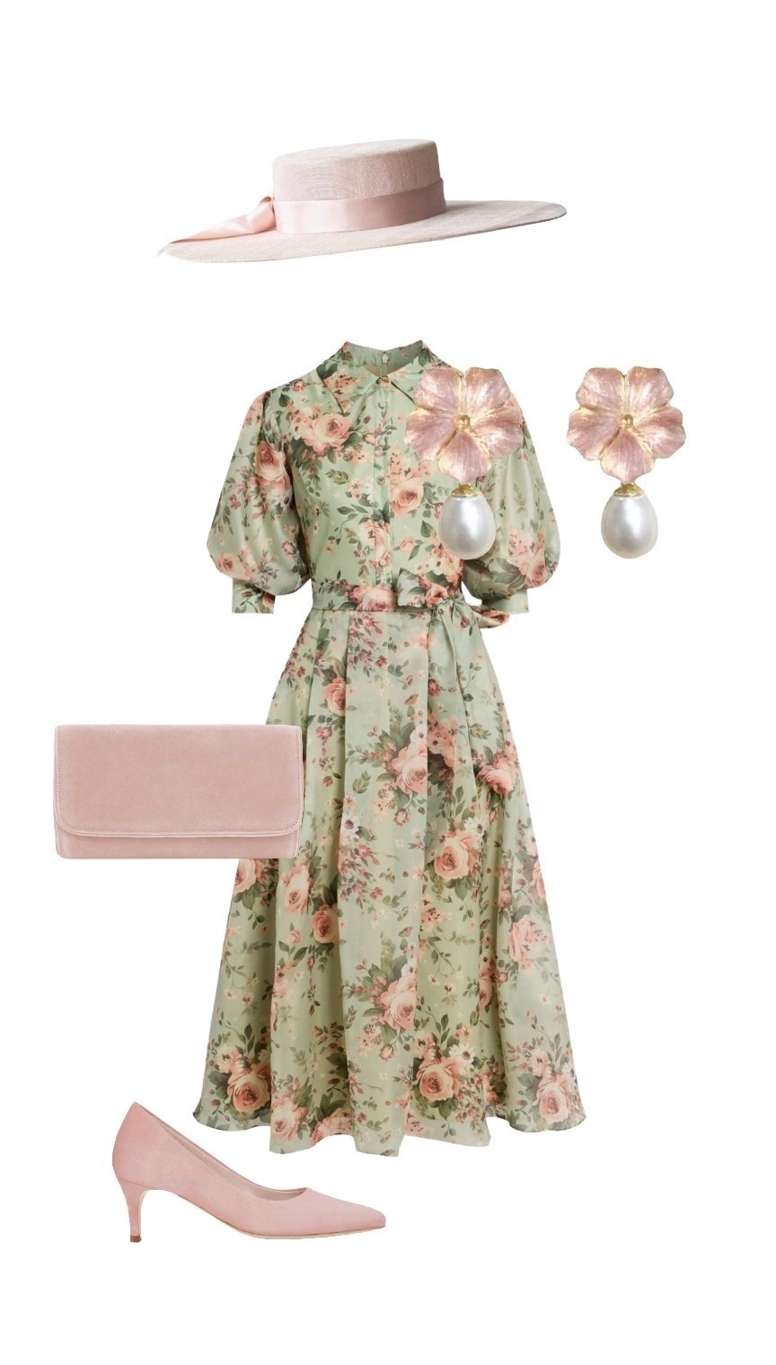 So elegant - this is the ultimate green and pale pink outfit for a wedding guest or glamorous daytime events like Royal Ascot 🌸

Pink Boater Hat - And They Loved Hats from Etsy

Green Floral Print Chiffon Midi Dress - 55% off at The Outnet

Natasha Rose Pink Suede Clutch Bag and Tess Rose Pink Suede Kitten Heels - Emmy London

Bavella Mini Drop Pearl Flower Earrings - Allegoria Jewellery at Wolf & Badger

#LTKdresses #LTKeurope #LTKluxury