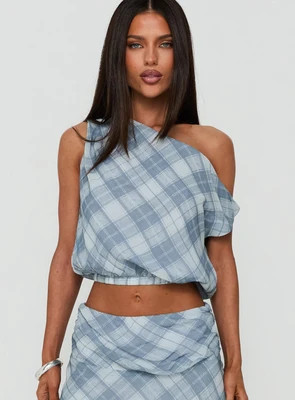 Sabbine Off Shoulder Top Blue Check | Princess Polly US