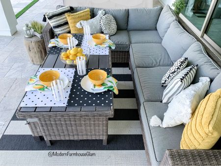 Refresh your patio furniture for the New Year! Five piece patio set and outdoor rug and pillows at Modern Farmhouse Glam. 

Placemats polka dot white and black. Yellow lemon 

Walmart. Wayfair  

#LTKsalealert #LTKhome #LTKSeasonal