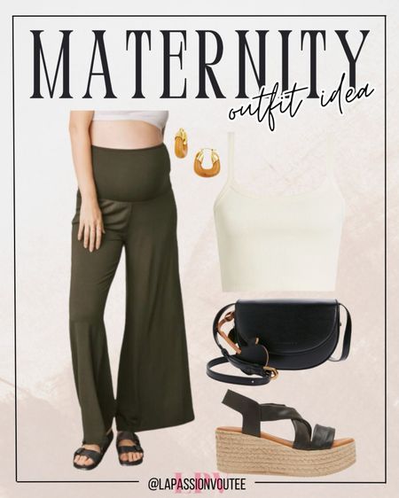 Step into summer with ease in maternity wide-leg pants and a ribbed crop cami top. Accessorize with chic hoop earrings, a small crossbody bag, and stylish espadrille sandals. This look is perfect for moms-to-be who want to stay cool, comfortable, and effortlessly fashionable!

#LTKBump #LTKStyleTip #LTKSeasonal