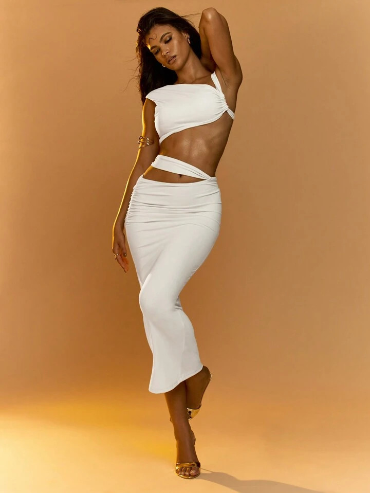 MISSGUIDED Asymmetric Crop Top And Cut-Out Bodycon Maxi Skirt Two Piece Set | SHEIN