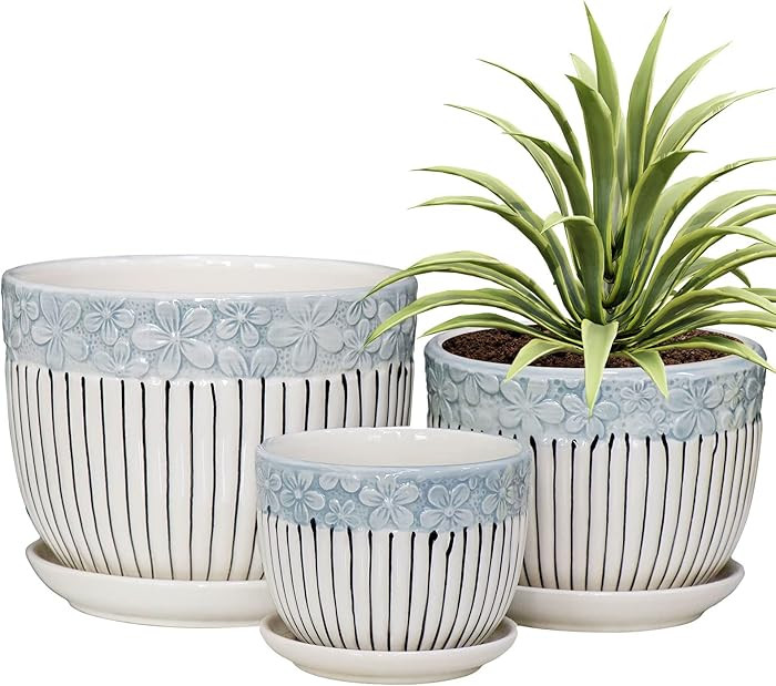 Ton Sin Grey Flower Pots,Texture Planter for Indoor Plants Set of 3 Ceramic Flower Pots with Sauc... | Amazon (US)