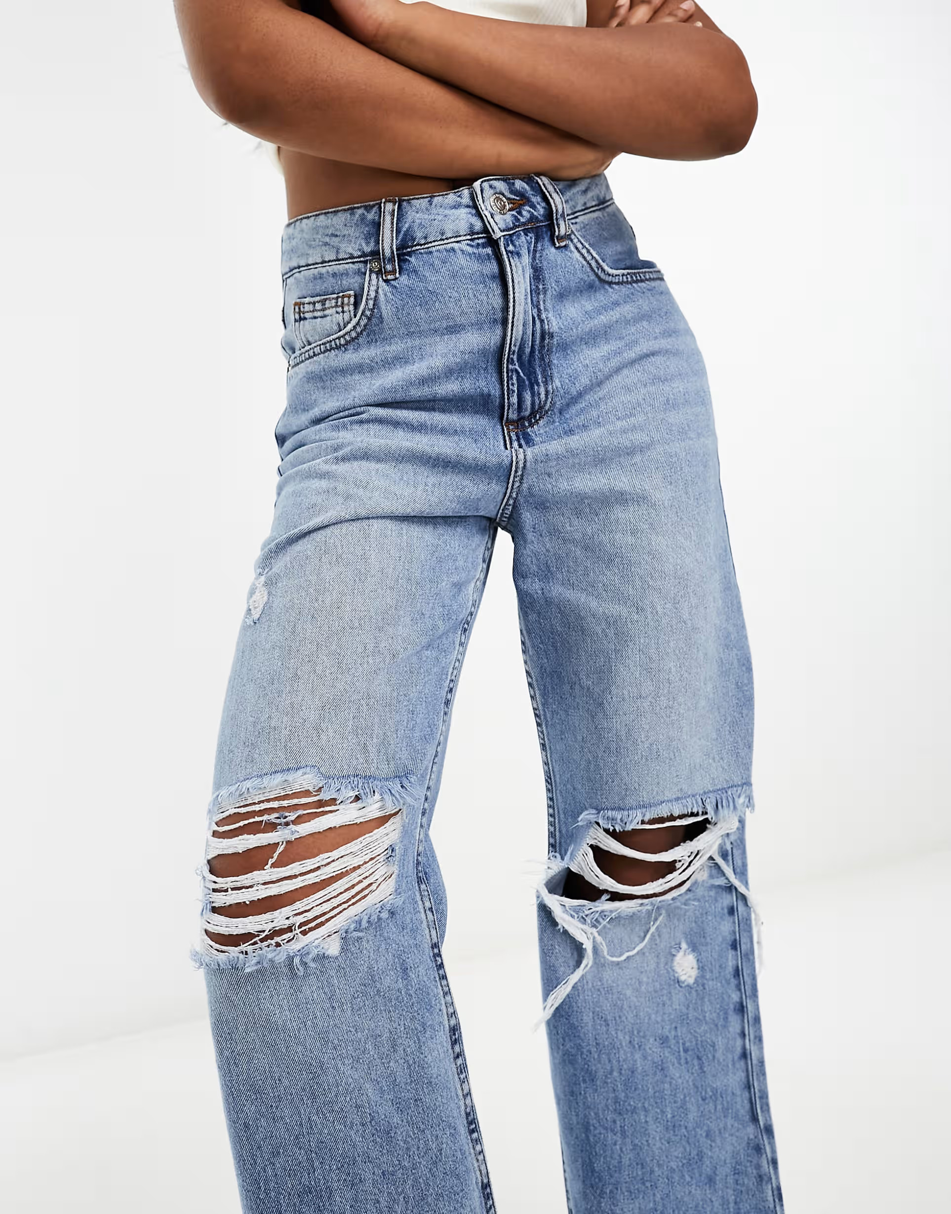 Miss Selfridge baggy knee ripped jean in mid wash blue | ASOS | ASOS (Global)