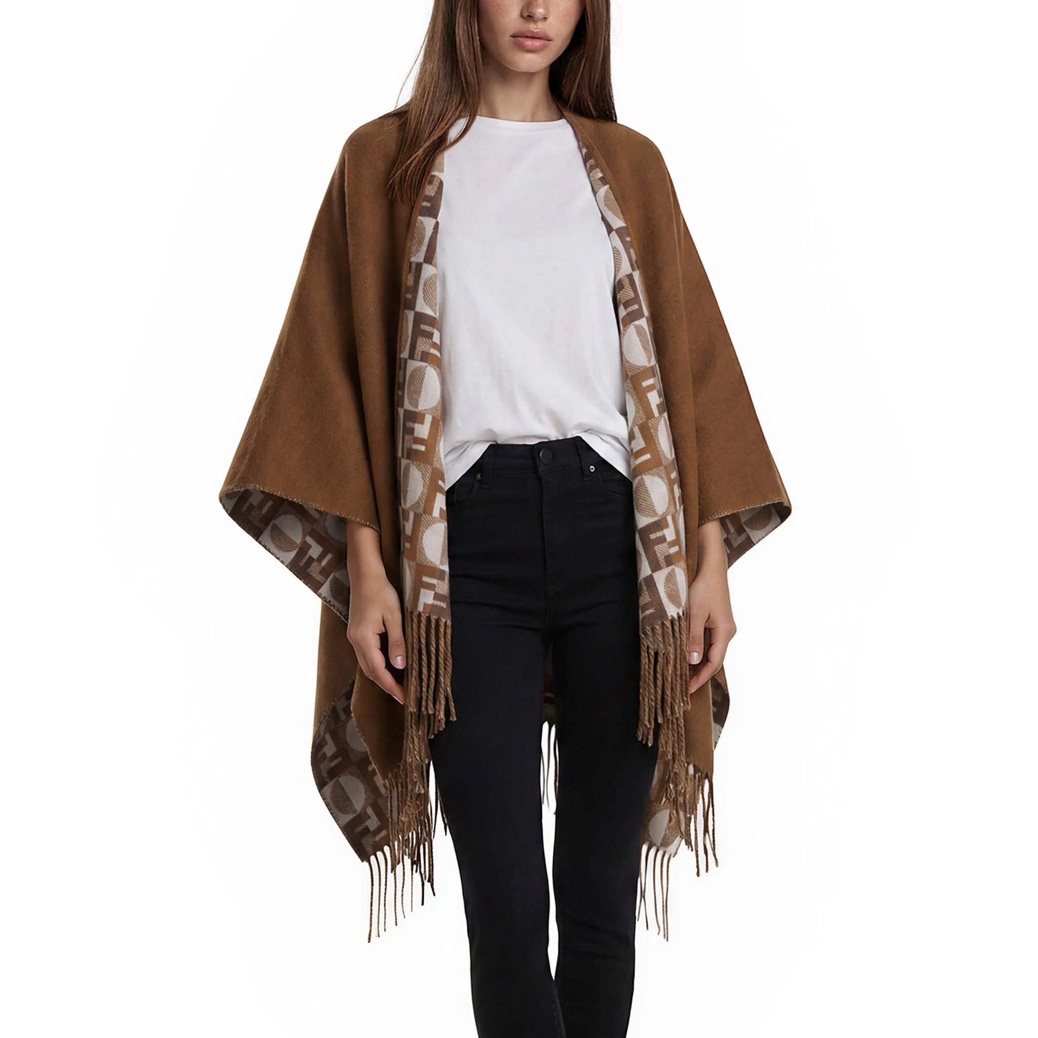 Fendi Optical Fleeced Wool Cashmere Poncho - Brown and White | Overstock
