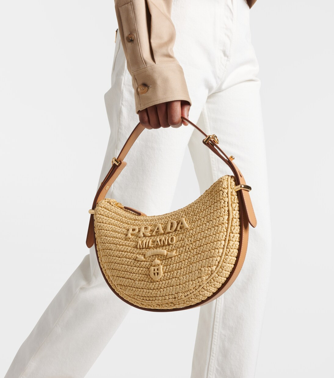 Prada Arqué raffia-effect shoulder bag | Mytheresa (UK)