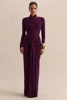 Linessa | Dark Plum High-Neck Maxi Dress With Sash And Gathered-Detailing | Club L London