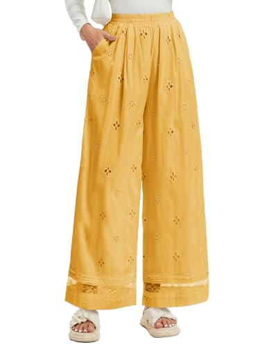 Women's Wide Leg Cotton Palazzo Pants with Eyelet Embroidery Elastic Waist Lace Trim | Amazon (US)
