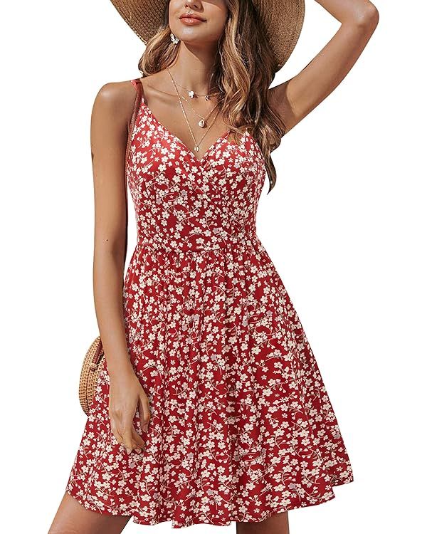 STYLEWORD Womens' 2024 V Neck Floral/Solid Spaghetti Strap Summer Casual Swing Sundress with Pock... | Amazon (US)
