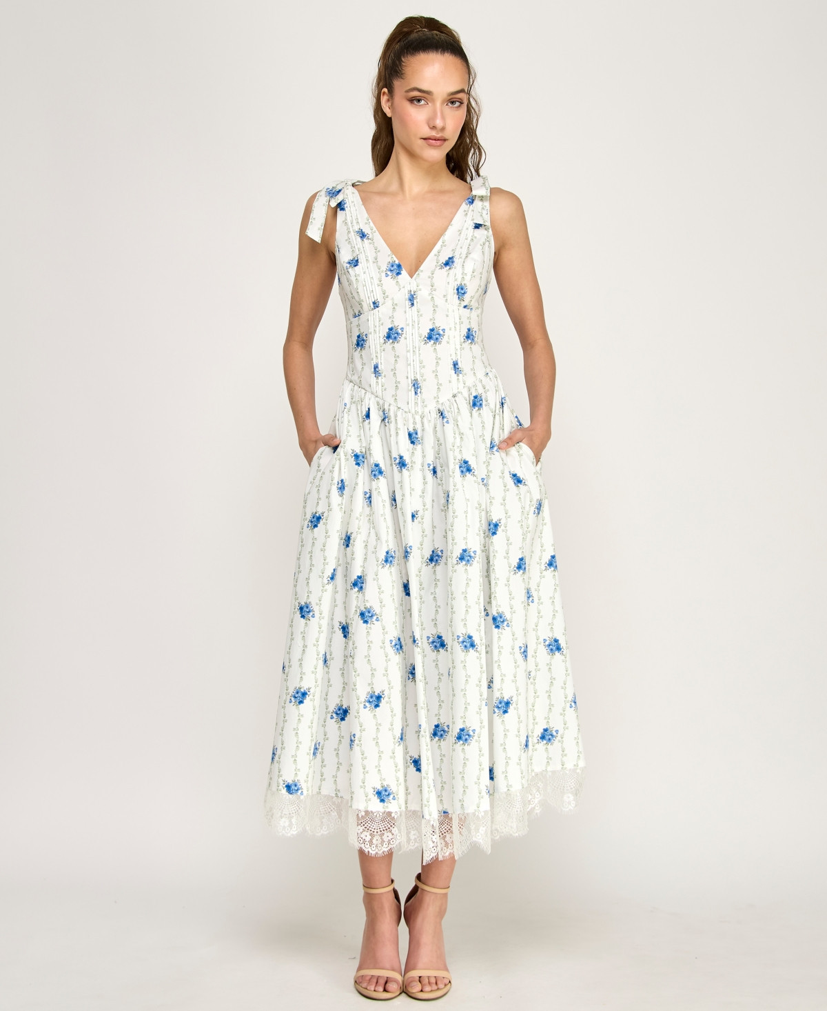 Alex & Sophia Juniors' Tie-Shoulder Floral Printed V-Neck Midi Dress - Off White Multi | Macy's