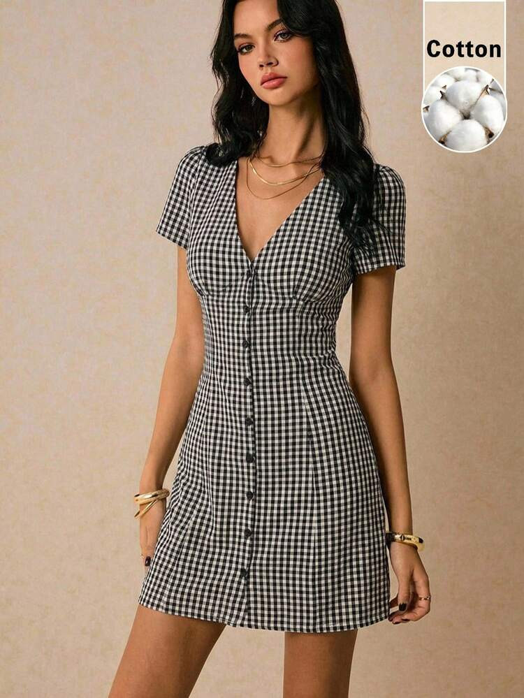 Poéselle Vestido Corto De Verano Con Botones Frontales, Cintura Ceñida Y Mangas Cortas, Estilo Casual A Cuadros | SHEIN