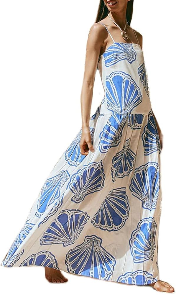 Women Boho Maxi Dress Floral Spaghetti Strap Flowy Long Dress Holiday Beach Sundress | Amazon (US)