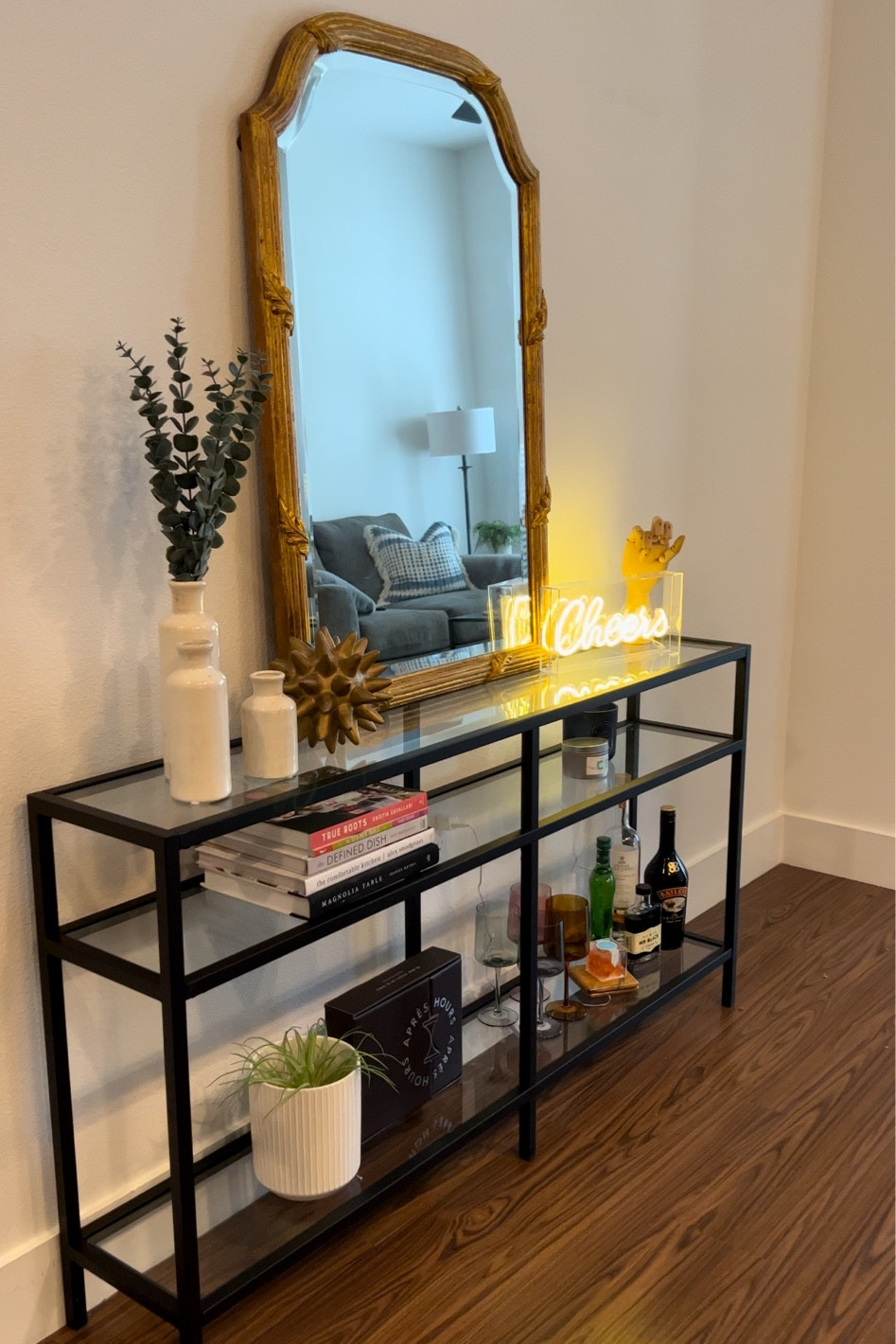 my bar cart! Mirror was an antique find