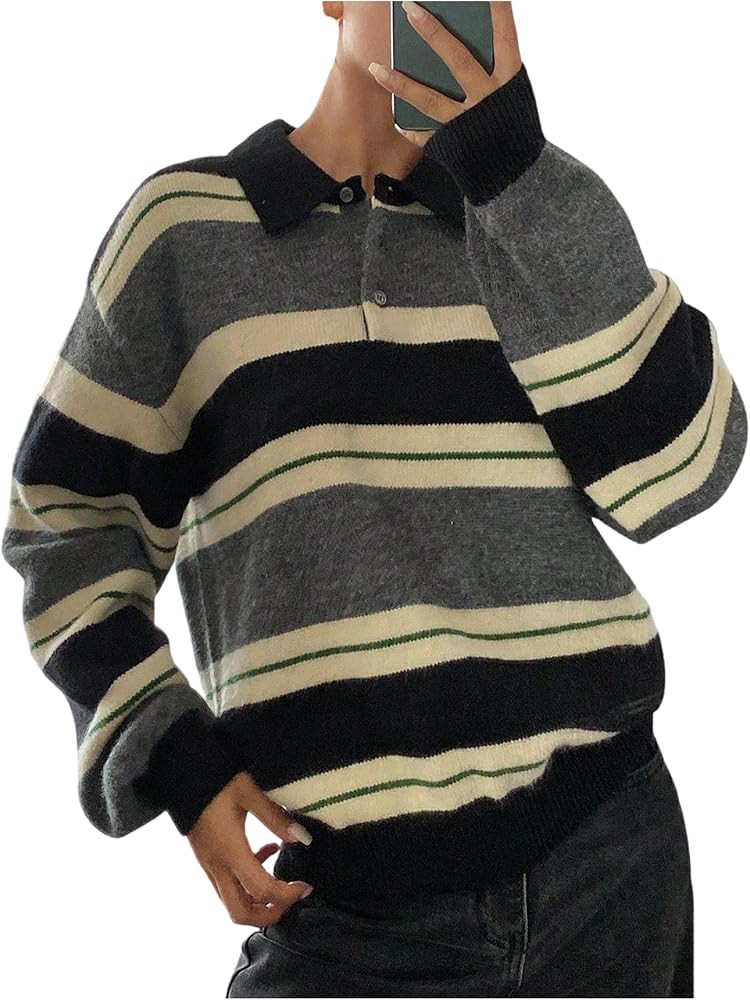 MakeMeChic Women's Striped Oversized Sweater Long Sleeve Collared Retro Fall Pullovers | Amazon (US)