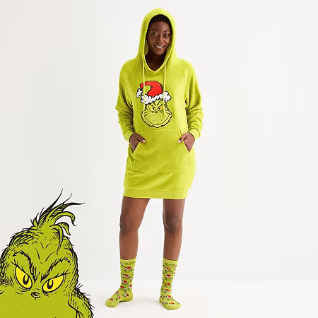 Womens Dr. Seuss Grinch Fleece Hooded Long Sleeve Matching Family Nightgown, X-large, Green | JCPenney