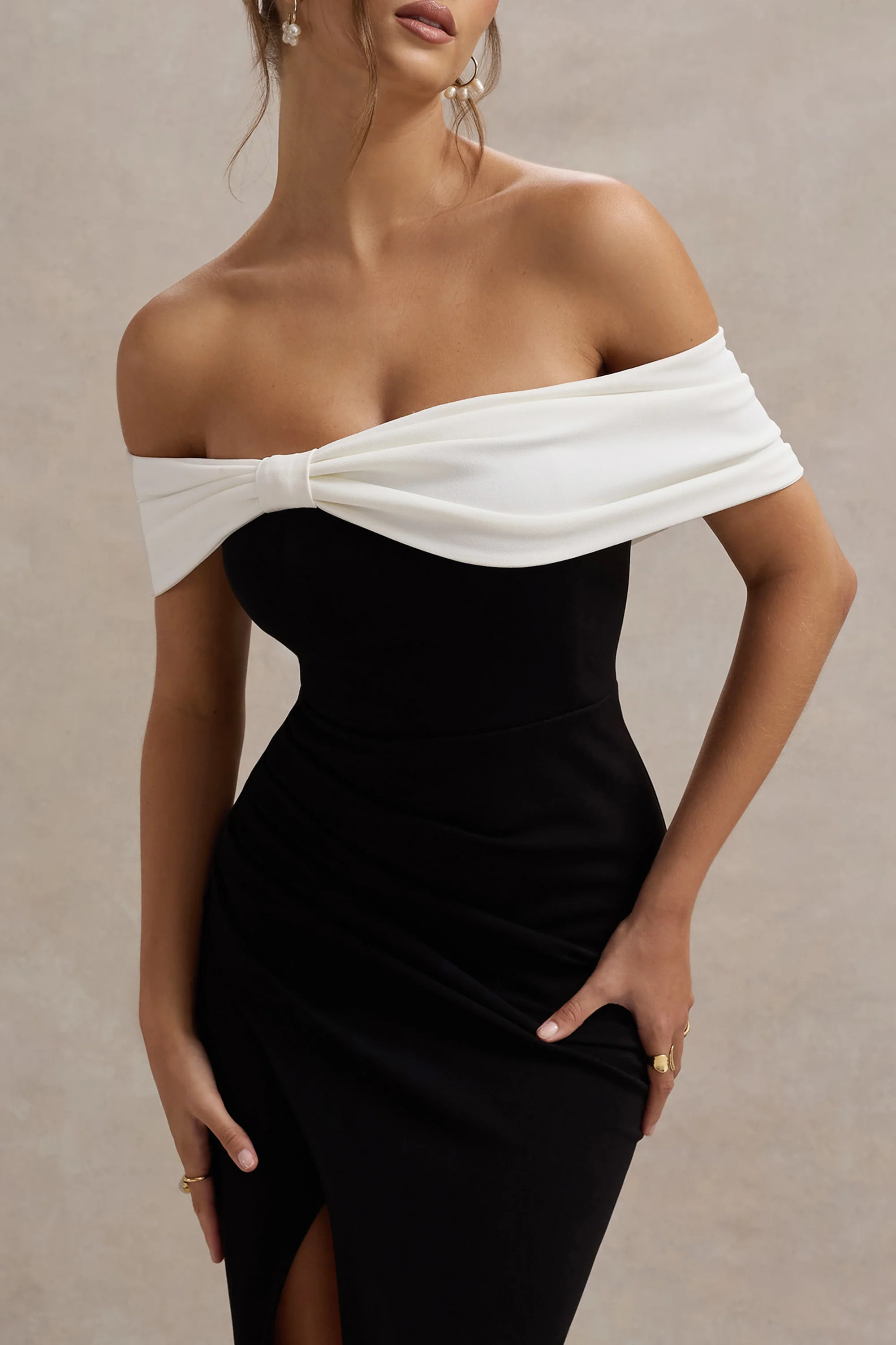 Eva | Black & White Bardot Bow Detail Maxi Dress With Thigh Split | Club L London