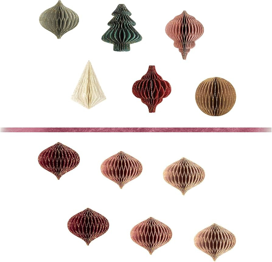 NICROLANDEE Christmas Decorations, 12 PCS 3D Mini Glitter Edge Paper Honeycomb Lantern Green, Red... | Amazon (US)