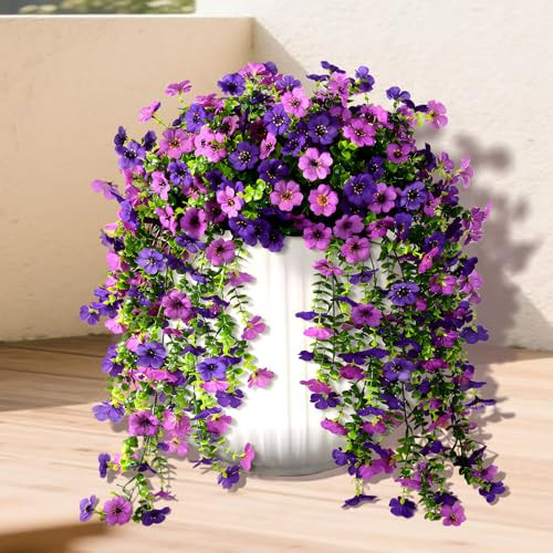 Artificial Fake Flowers Plants for Outdoors, 2 PCS UV Resistant Faux Silk Daisy with Eucalyptus Leaves Hanging Flowers for Home Garden Balcony Yard Porch Decor(Double Purple) | Amazon (US)