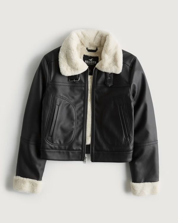 Women's Crop Faux Fur-Lined Faux Leather Biker Jacket | Women's Jackets & Coats | HollisterCo.com | Hollister (US)